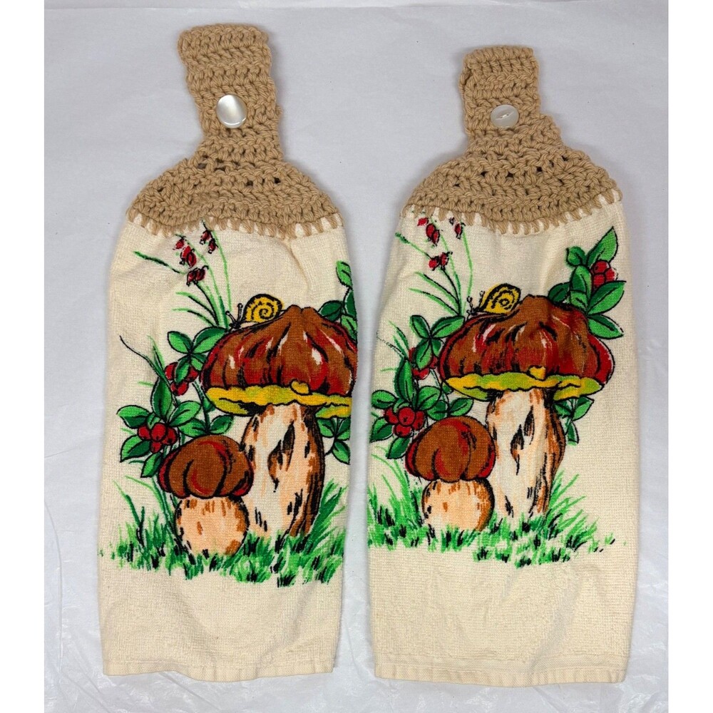 Vintage Mushroom Hanging Kitchen Hand Towels Crocheted 1970s Grannycore Pair